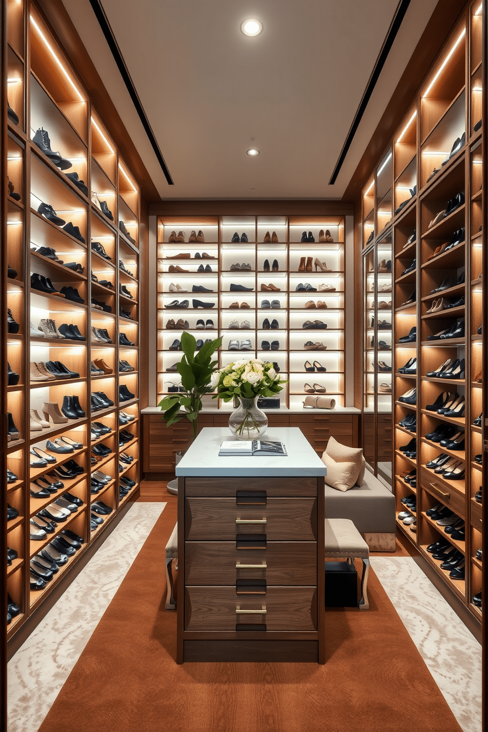 A stylish walk-in closet featuring custom-built shoe storage solutions in a harmonious color palette. The shelves are designed to showcase a variety of footwear, with elegant lighting illuminating the space and soft textures enhancing the overall sophistication. The closet includes a central island with drawers for accessories, complemented by a plush seating area for comfort. Rich wood finishes and mirrored accents create a luxurious atmosphere, while carefully placed greenery adds a touch of freshness to the design.