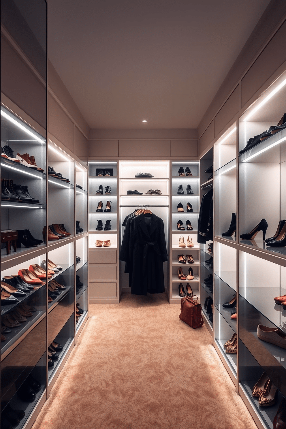 A luxurious walk-in closet featuring custom lighting that elegantly highlights a curated shoe collection. The space is designed with sleek shelving and plush carpeting, creating a sophisticated atmosphere for fashion enthusiasts.