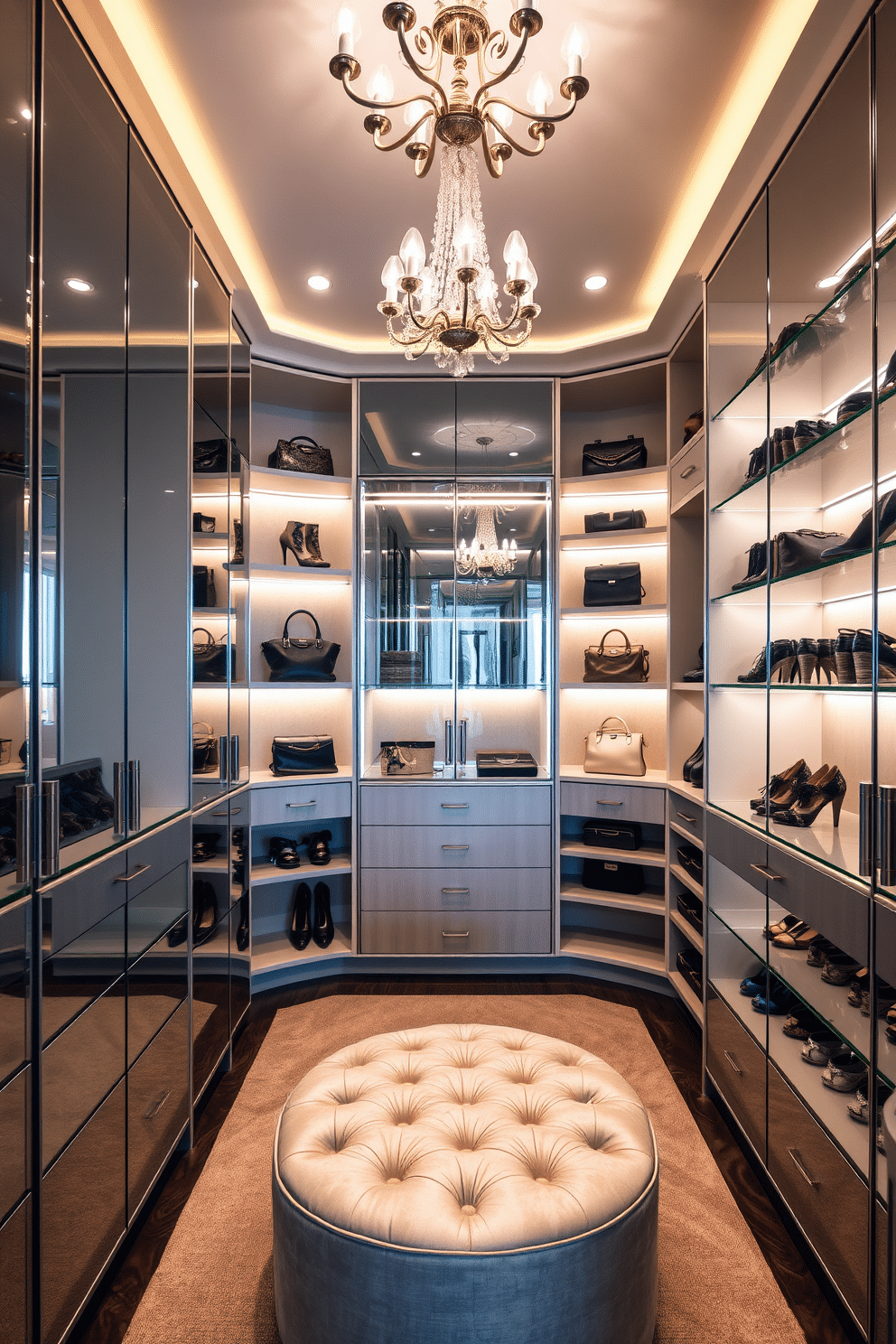 A luxurious walk-in closet features mirrored walls that reflect light and create an illusion of spaciousness. Elegant shelving units display an array of designer shoes and handbags, while a plush ottoman invites relaxation. Soft, ambient lighting highlights the rich textures of the cabinetry and the organized layout. A stylish chandelier hangs from the ceiling, adding a touch of glamour to the sophisticated space.