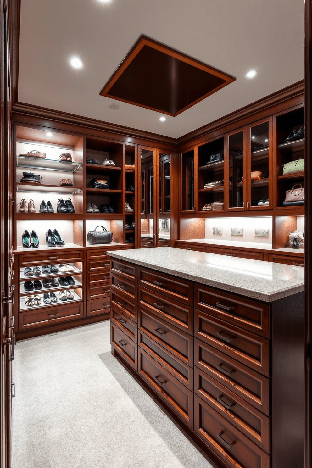 A luxurious walk-in closet featuring built-in drawers for organized storage. The space is illuminated by soft, recessed lighting, highlighting elegant shelving that displays designer shoes and handbags. Rich wooden cabinetry complements the plush carpet, creating a warm and inviting atmosphere. A central island with additional drawers provides extra space for accessories, while a full-length mirror enhances the sense of openness.