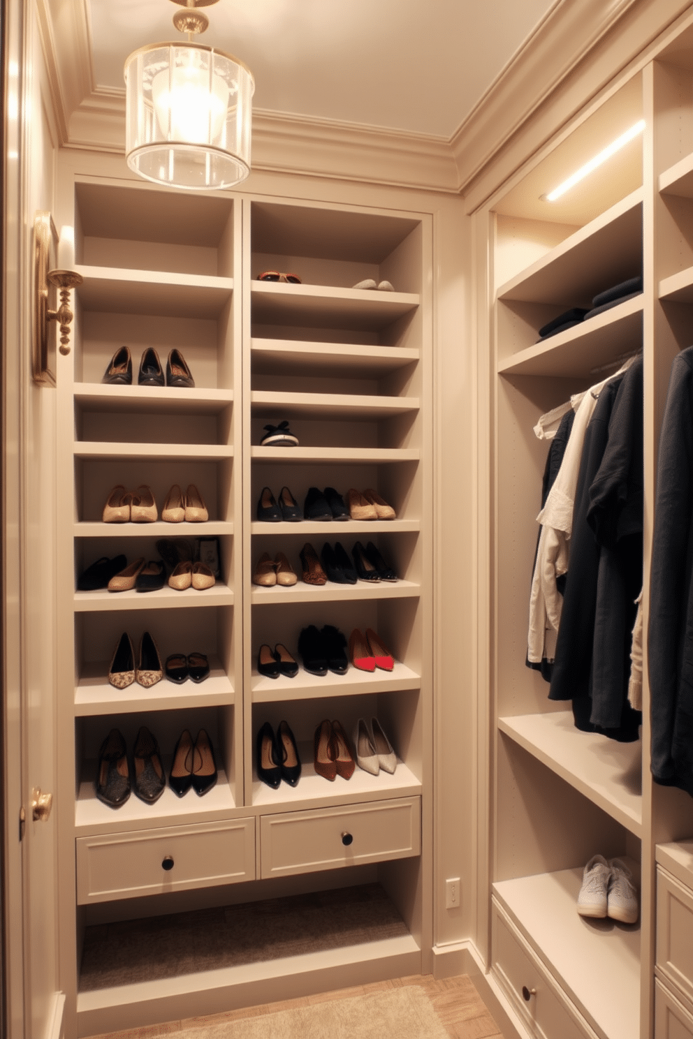 A luxury walk-in closet featuring open shelving for easy access to shoes and accessories. The design incorporates elegant lighting fixtures that illuminate the space, while soft, neutral colors create a calming atmosphere.