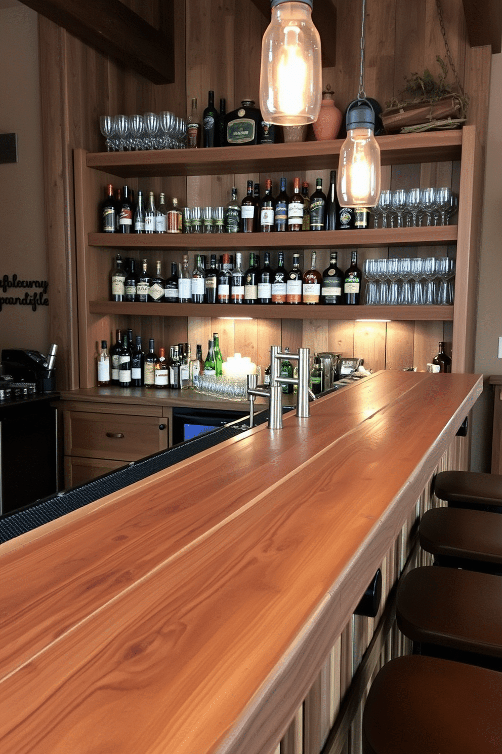 A rustic man cave bar features a reclaimed wood bar top that showcases its natural grain and texture, creating a warm and inviting atmosphere. Behind the bar, shelves made of distressed wood display an assortment of spirits and glassware, accented by vintage-style lighting that adds a cozy glow to the space.