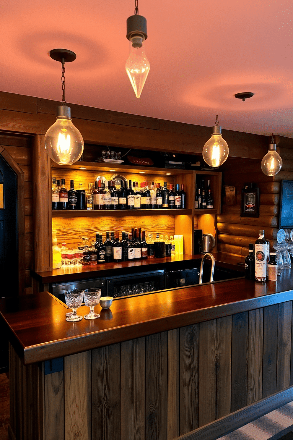 A cozy man cave bar featuring warm pendant lighting fixtures that create an inviting ambiance. The bar is constructed from reclaimed wood, with a polished countertop that showcases a selection of premium spirits and glassware.