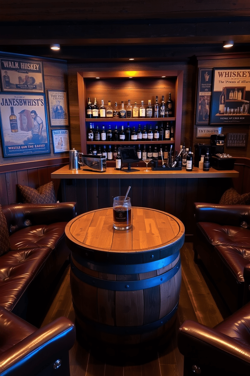 A rustic whiskey barrel table serves as the centerpiece of a cozy man cave bar, surrounded by plush leather seating and warm ambient lighting. The walls are adorned with vintage whiskey advertisements, and a polished wooden bar counter showcases an array of premium spirits and glassware. The space features a reclaimed wood shelving unit displaying whiskey bottles and unique barware, creating an inviting atmosphere. Dark wood accents and rich, earthy tones enhance the masculine aesthetic, while strategically placed LED lights highlight the barrel table's character.