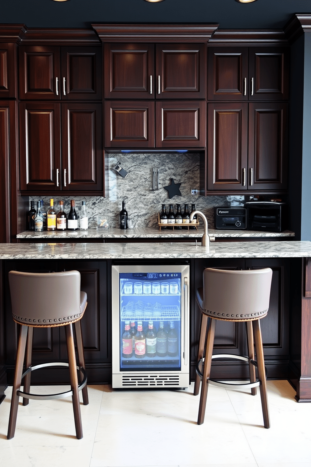 A stylish man cave bar featuring a sleek mini fridge designed for cold beverages. The bar area showcases dark wooden cabinetry, a polished granite countertop, and high-top stools for a cozy gathering space.