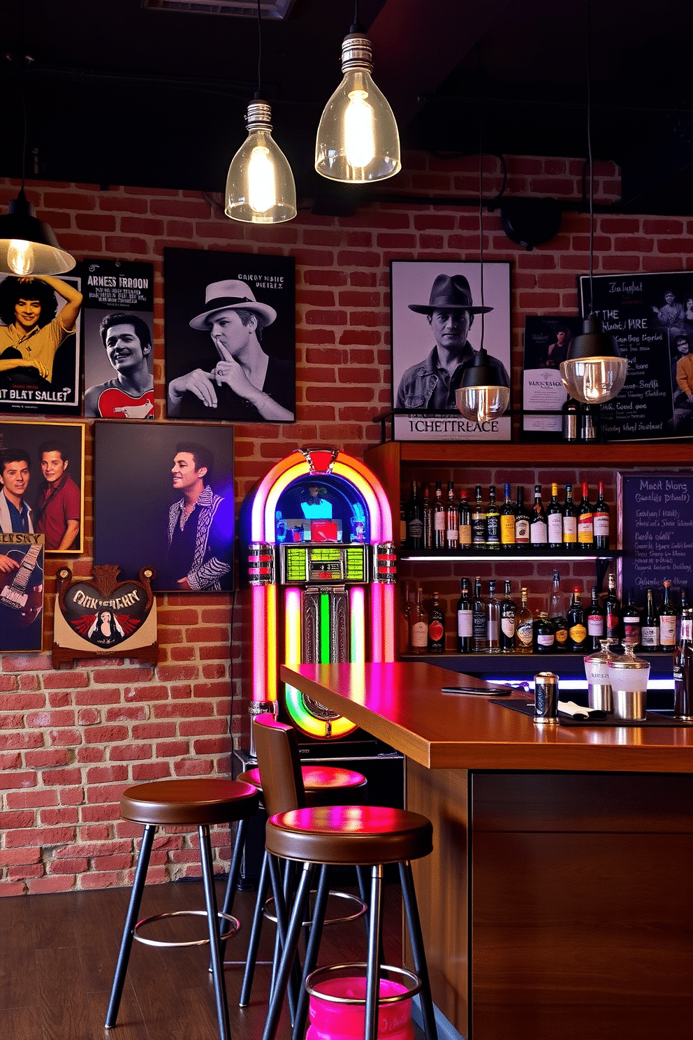 A vibrant retro jukebox stands against a brick wall, its colorful lights pulsing to the rhythm of classic tunes. Surrounding the jukebox are vintage posters of iconic musicians, creating a nostalgic atmosphere that invites guests to reminisce. The man cave bar features a sleek wooden bar with high stools, illuminated by pendant lights hanging from the ceiling. Behind the bar, shelves are stocked with an impressive selection of spirits, complemented by a chalkboard menu showcasing signature cocktails and craft beers.