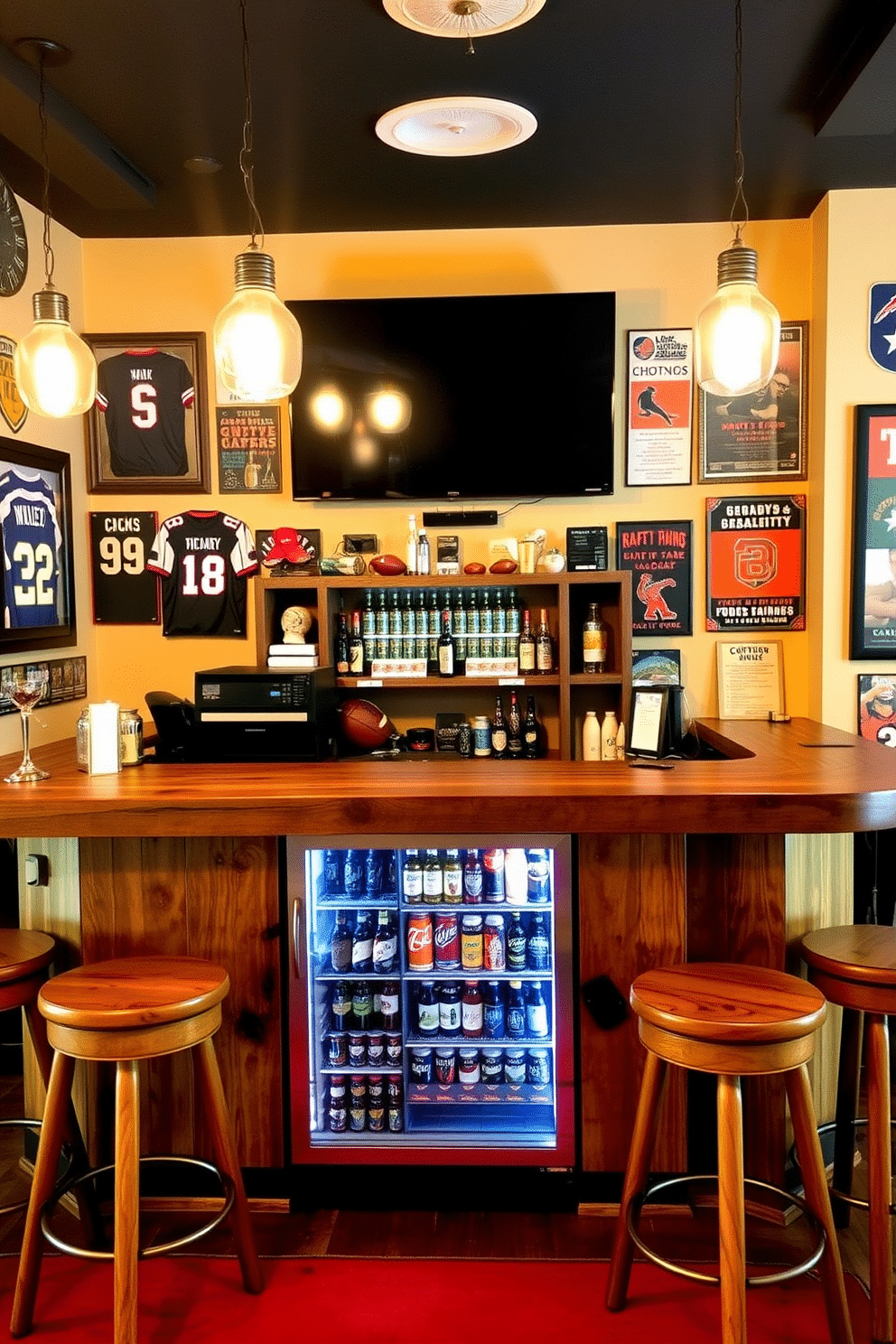 A stylish man cave bar featuring a sports theme with memorabilia adorning the walls. The bar itself is made of reclaimed wood, with high-top stools and a selection of craft beers displayed behind a glass-fronted fridge. The space is illuminated by vintage-style pendant lights, creating a warm and inviting atmosphere. A large flat-screen TV is mounted above the bar, surrounded by framed jerseys and sports posters, enhancing the sporty vibe.