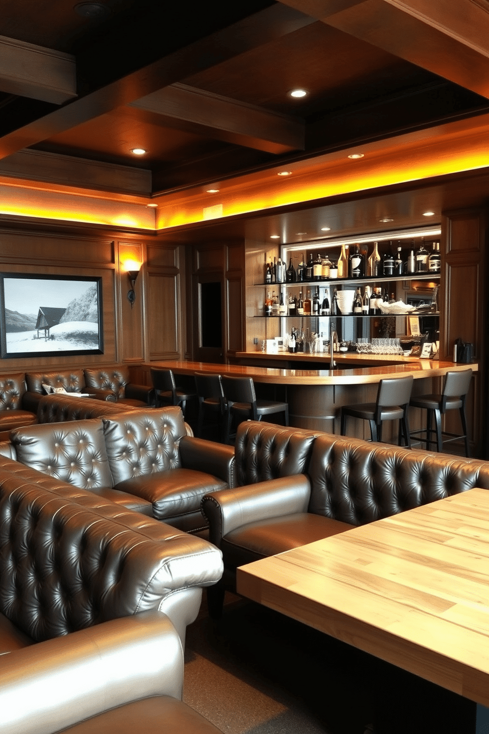 A cozy man cave featuring luxurious leather sofas that provide both comfort and style. The space is accented with warm lighting and rich wood finishes, creating an inviting atmosphere for relaxation and entertainment. The bar area includes a sleek wooden countertop with high stools, perfect for casual gatherings. Behind the bar, shelves are stocked with an array of spirits, complemented by stylish glassware and unique decor elements.