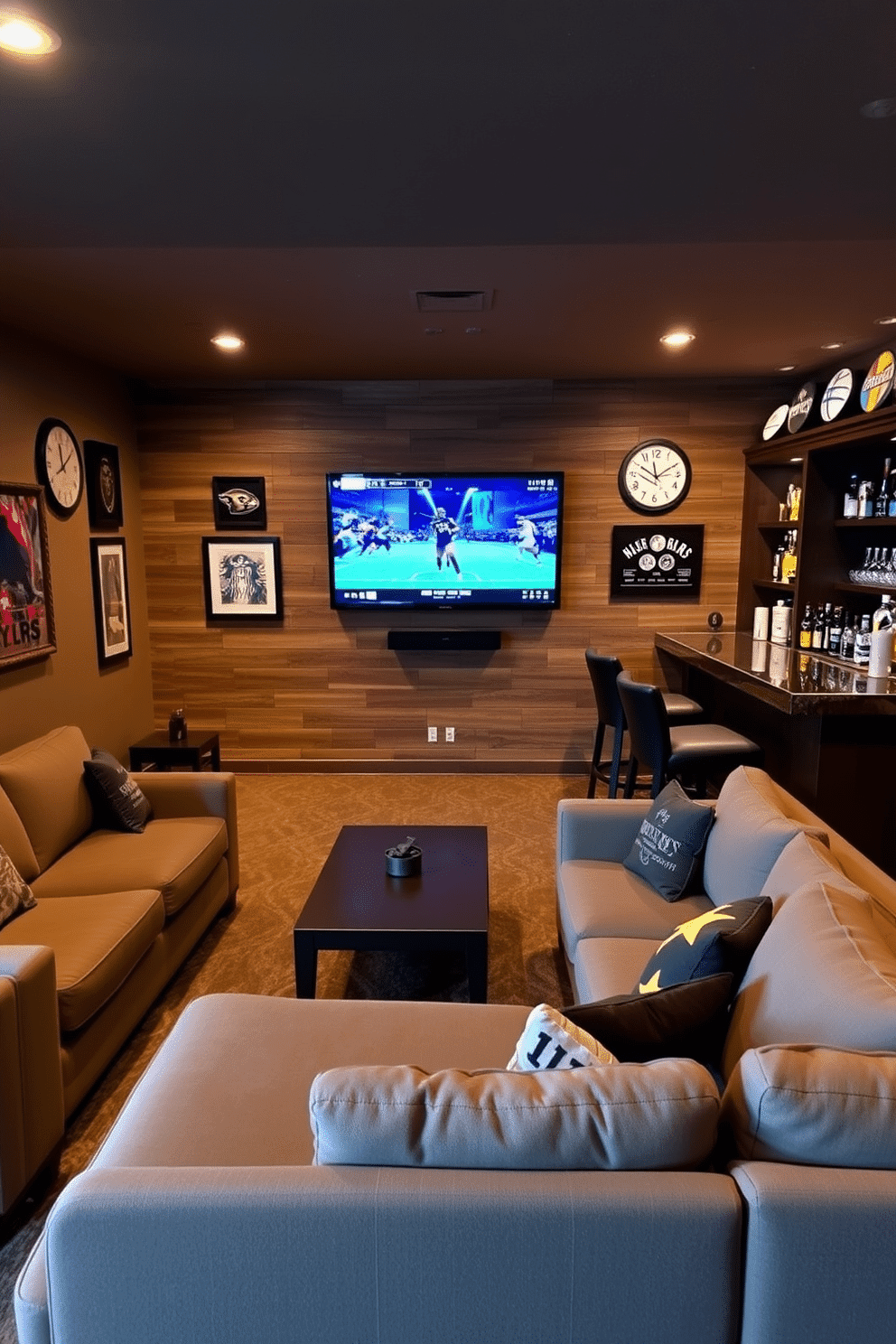 A cozy man cave featuring a wall-mounted TV, perfect for game nights. The room is outfitted with plush seating, a large sectional sofa, and a sleek coffee table, all arranged for optimal viewing. On one side, a stylish bar area boasts a polished wooden counter with high stools, stocked with an array of spirits and glassware. Ambient lighting creates a warm atmosphere, while sports memorabilia decorates the walls, enhancing the theme of relaxation and entertainment.