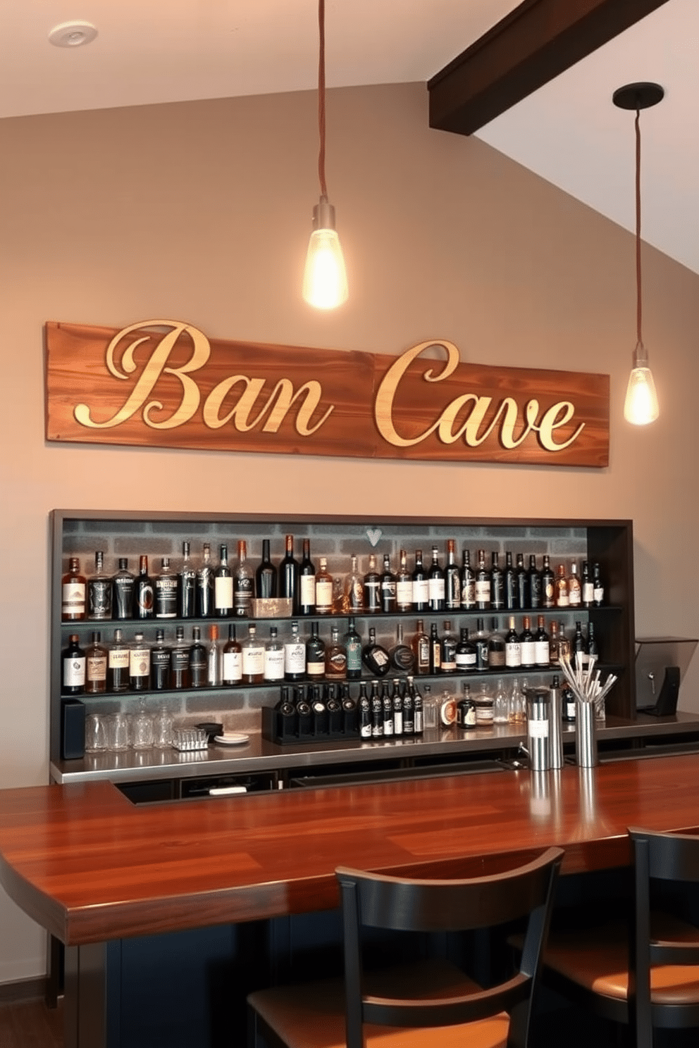 A personalized bar name sign hangs prominently on the wall, crafted from reclaimed wood with elegant lettering that reflects the owner's personality. The sign is illuminated by warm pendant lights, creating a welcoming atmosphere for guests. The man cave bar features a sleek, dark wood bar counter with high-top stools arranged around it, perfect for casual gatherings. Behind the bar, shelves are stocked with an impressive collection of spirits, complemented by a stylish backsplash made of reclaimed brick.