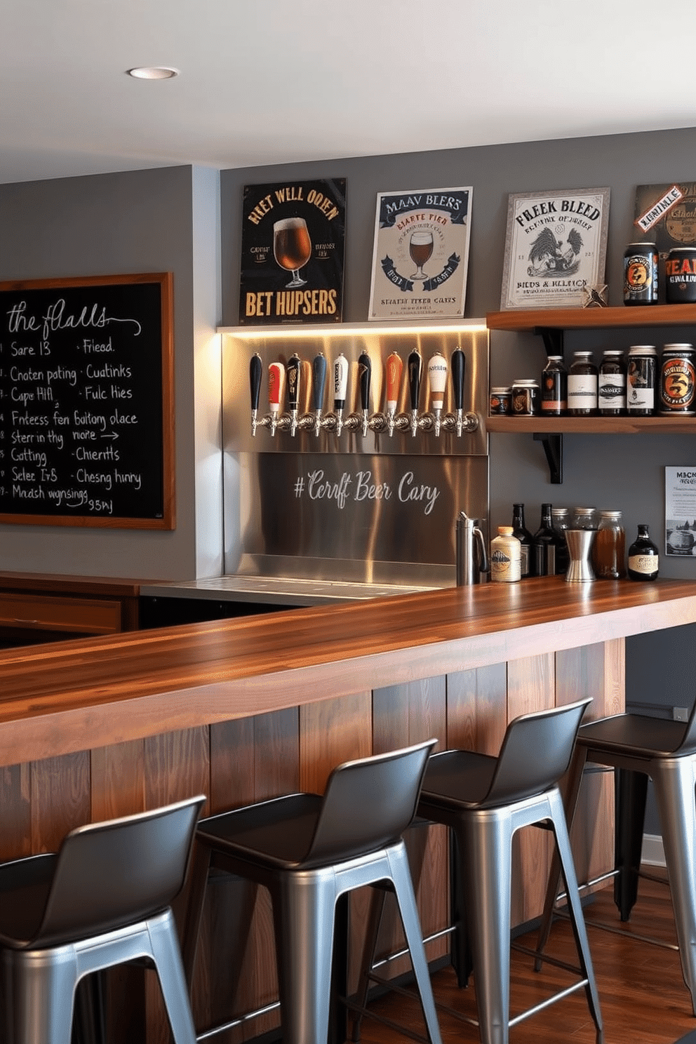 A stylish man cave bar featuring a custom-built craft beer tap system. The bar counter is made of reclaimed wood, with sleek metal bar stools lined up beneath it, and a wall-mounted chalkboard displaying the beer selection. Behind the bar, an array of craft beer taps is installed on a polished metal panel, illuminated by soft LED lights. The walls are adorned with vintage beer posters, and a rustic shelf displays an impressive collection of glassware and brewing accessories.