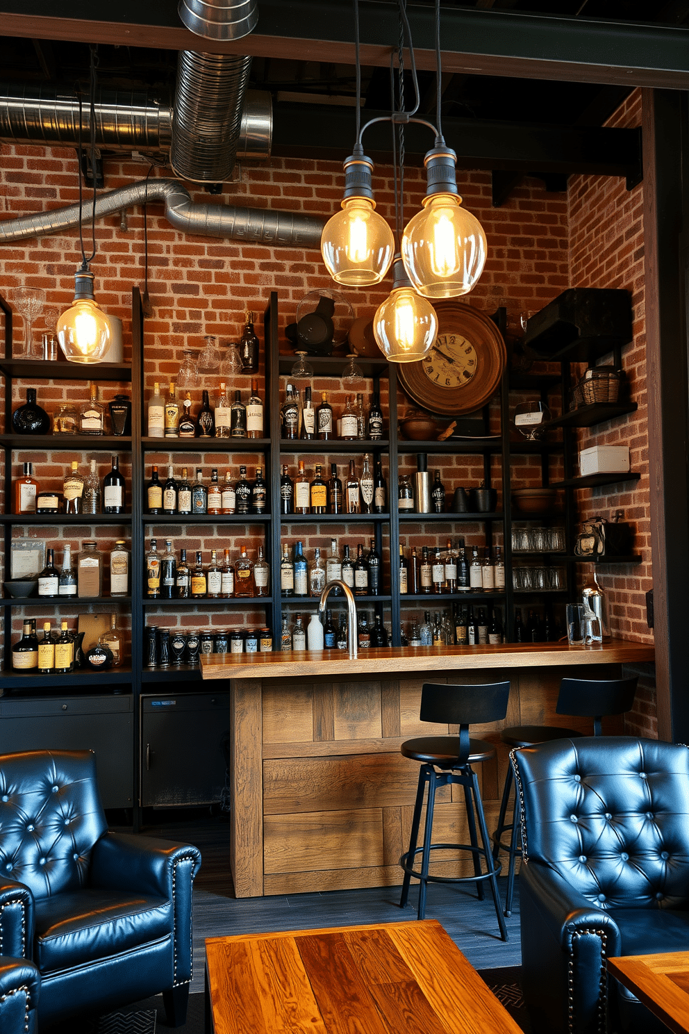 A stylish man cave bar featuring industrial metal shelving units against a brick wall backdrop. The shelves are filled with an array of spirits, glassware, and vintage bar accessories, creating a warm and inviting atmosphere. A reclaimed wood bar counter with high stools complements the industrial theme, illuminated by pendant lights hanging from exposed beams. A cozy seating area with leather chairs and a small coffee table invites relaxation and conversation.