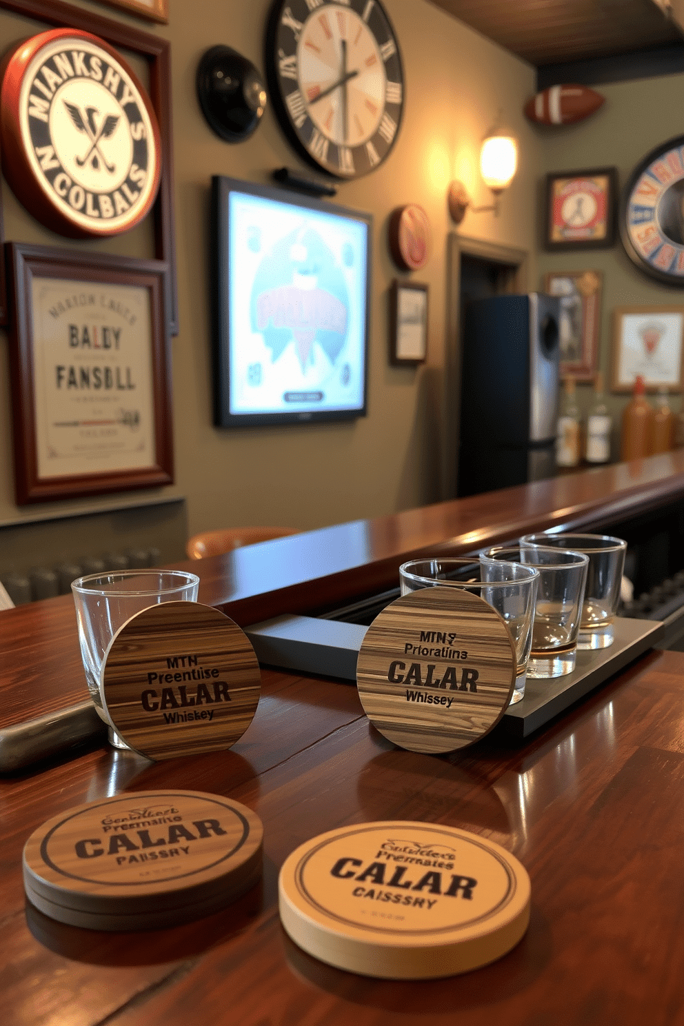 A stylish man cave bar features a sleek wooden bar top with custom-engraved wooden coasters displayed neatly beside a set of premium whiskey glasses. The walls are adorned with vintage sports memorabilia, and soft, ambient lighting creates a warm and inviting atmosphere for entertaining guests.