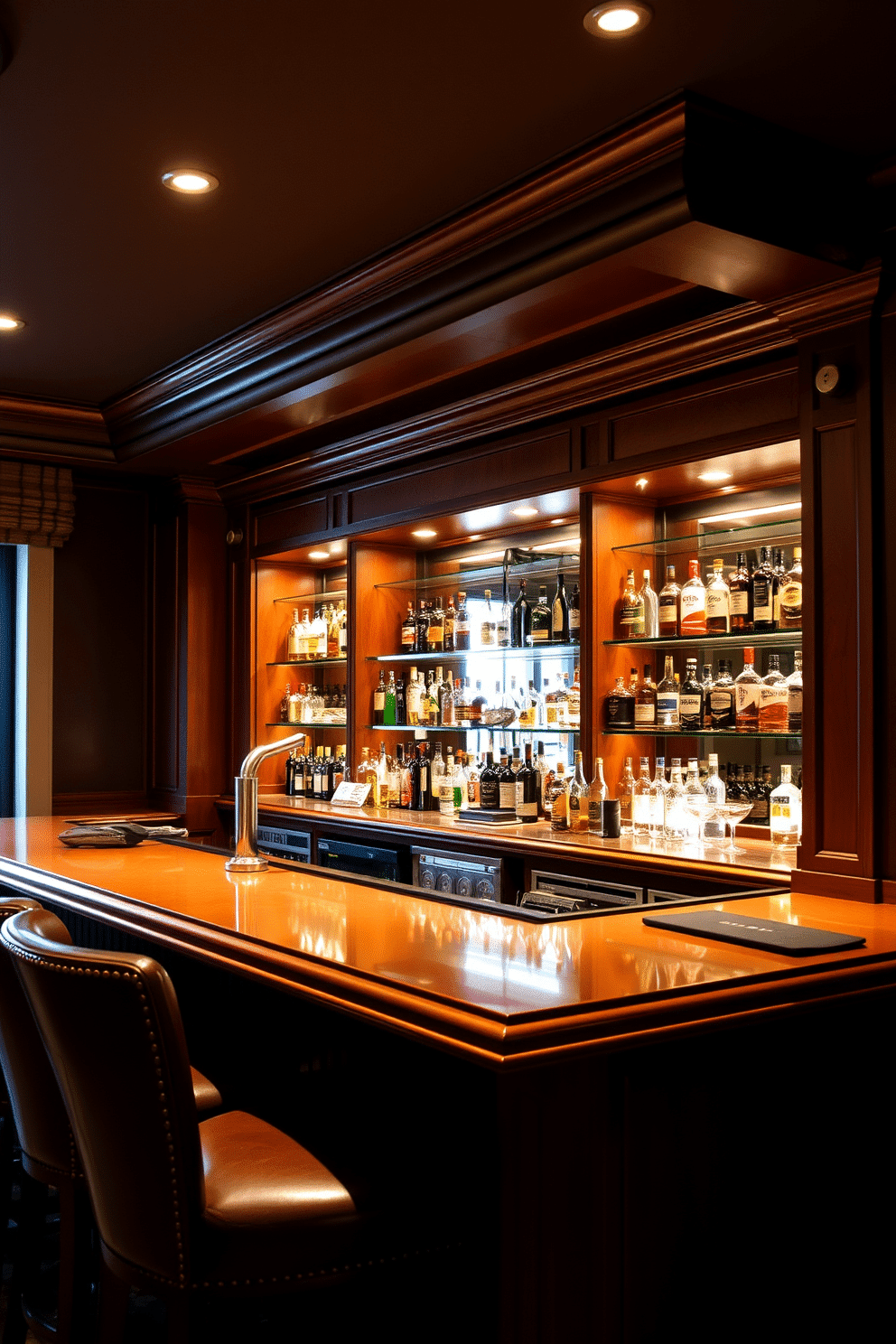 A cozy man cave bar featuring soft mood lighting controlled by dimmer switches, creating an inviting atmosphere for relaxation and entertainment. The bar is crafted from rich mahogany with a polished countertop, complemented by high-backed leather stools and a variety of spirits displayed on elegant shelves.