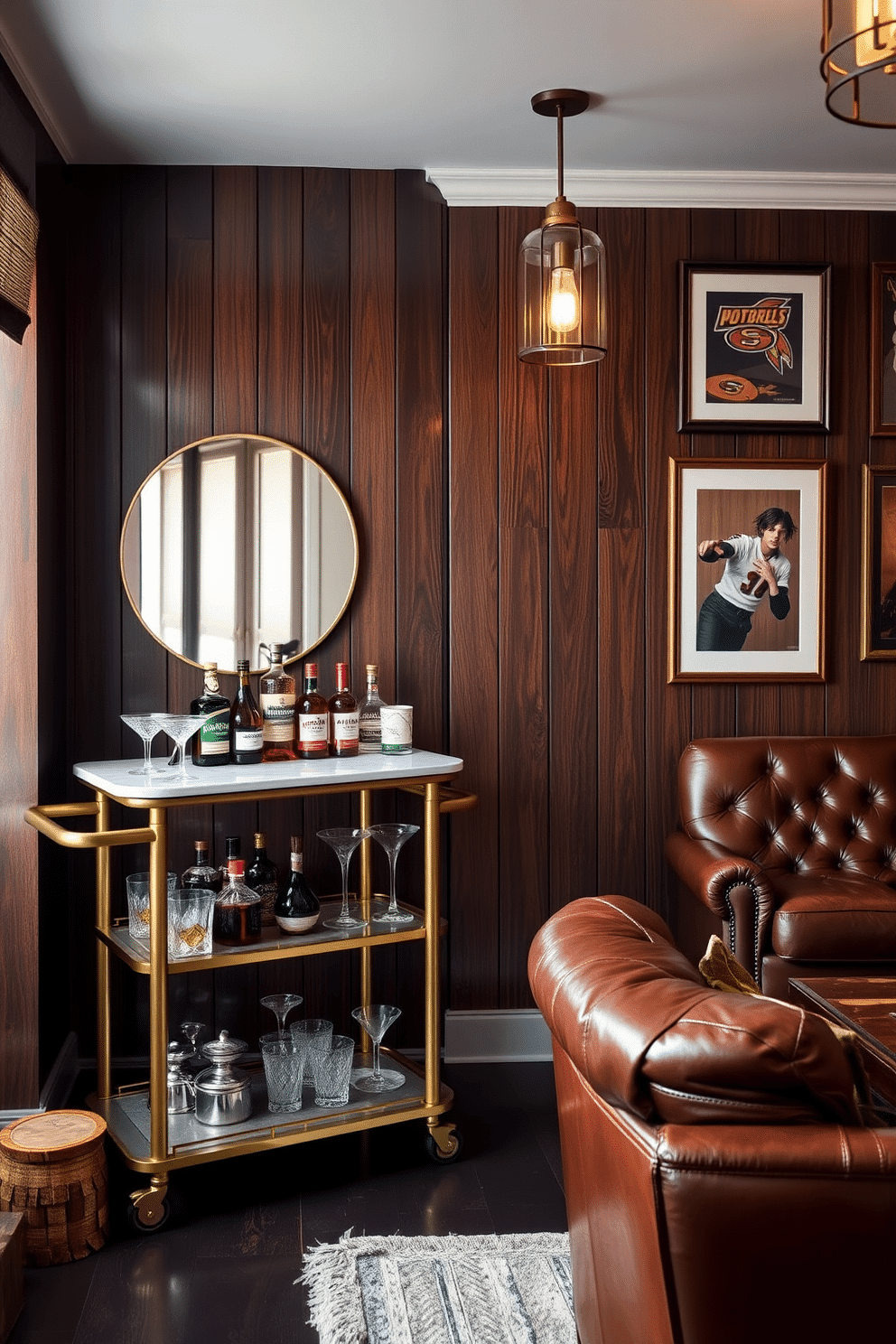 A stylish bar cart is positioned against a rich, dark wood panelled wall, featuring a sleek marble top and gold accents. The cart is stocked with an array of premium spirits, crystal glassware, and elegant cocktail accessories, creating an inviting atmosphere for entertaining. Adjacent to the bar cart, a cozy man cave showcases plush leather seating in deep brown tones, complemented by a rustic wooden coffee table. Ambient lighting from vintage-style pendant lights casts a warm glow, while framed sports memorabilia decorates the walls, enhancing the space's character.