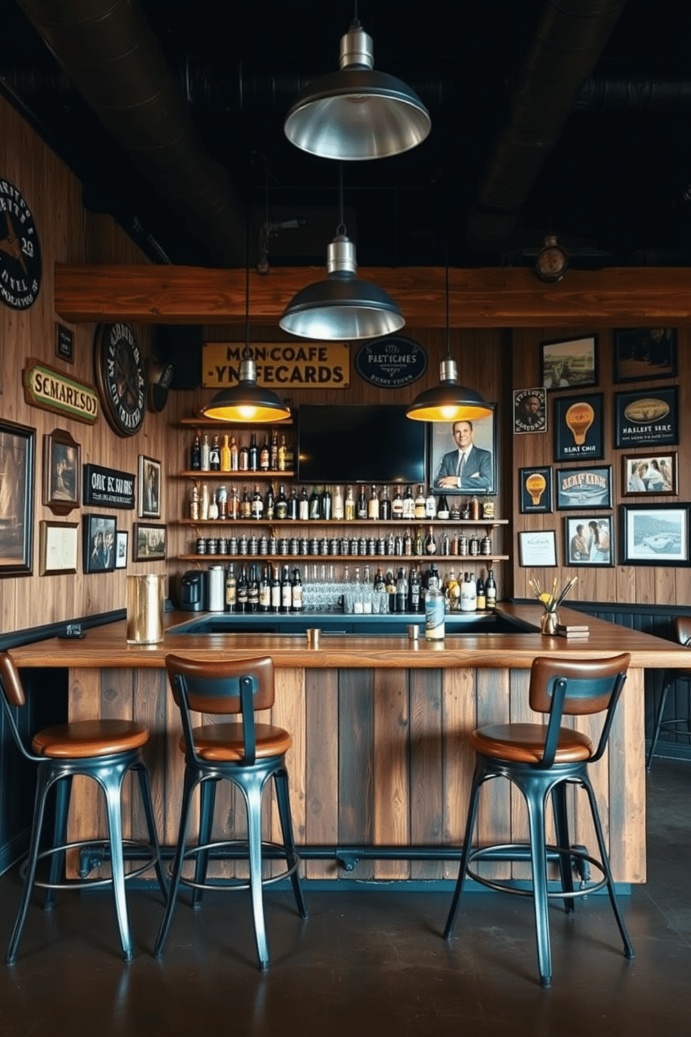 A cozy man cave bar featuring rustic metal accents throughout the space. The bar is crafted from reclaimed wood with industrial metal supports, complemented by metal bar stools with leather seats. On the walls, vintage metal signs and framed photographs create an inviting atmosphere. Dim pendant lighting with metal shades hangs above the bar, casting a warm glow over the polished concrete floor.