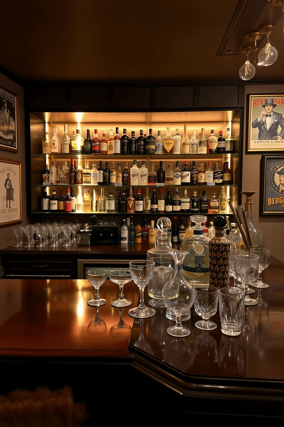 A stylish man cave bar featuring an extensive vintage barware and glass collection. The bar is crafted from dark wood, with a polished countertop showcasing an array of unique glassware and vintage decanters. Behind the bar, a custom shelving unit displays an eclectic mix of vintage liquor bottles and glassware, illuminated by warm LED lighting. The walls are adorned with framed vintage bar posters, creating a cozy and inviting atmosphere perfect for entertaining guests.