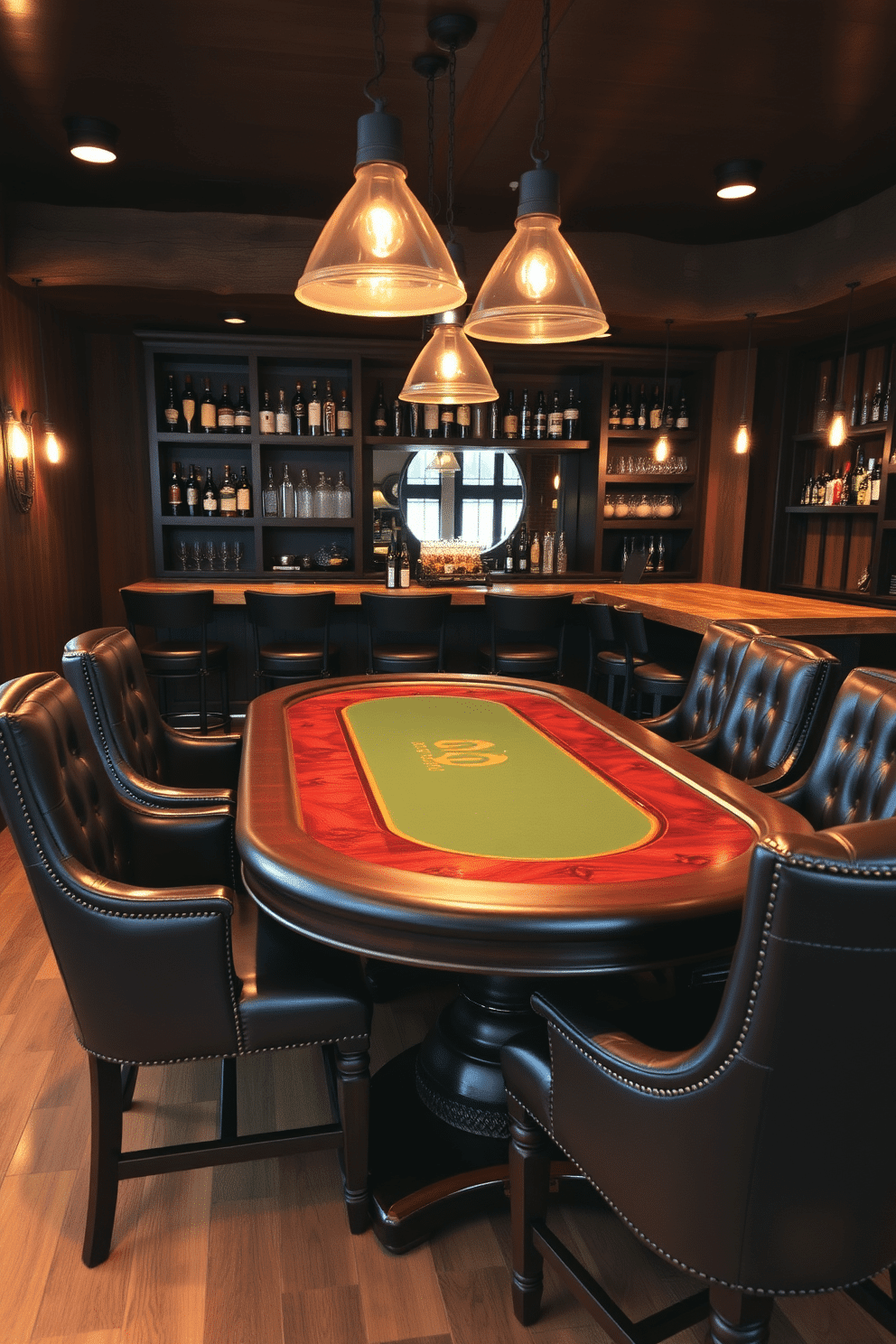 A stylish game table designed for poker nights features a rich mahogany surface with a green felt inlay, surrounded by high-backed leather chairs. Soft, ambient lighting casts a warm glow, enhancing the inviting atmosphere for friendly competition. The man cave bar is designed with a rustic charm, showcasing a reclaimed wood bar top and industrial-style bar stools. Shelves lined with an array of spirits and glassware are illuminated by vintage pendant lights, creating a cozy yet sophisticated space for relaxation and entertainment.