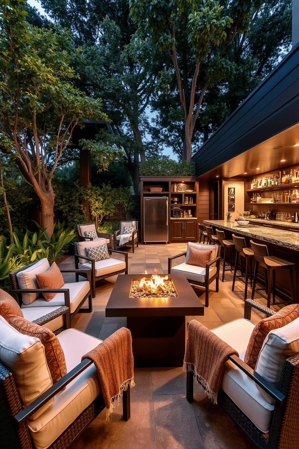 A stylish outdoor patio featuring comfortable seating arrangements, surrounded by lush greenery and ambient lighting. The space includes a sleek fire pit at the center, with cozy throw blankets draped over the chairs for added warmth. A modern man cave bar designed with dark wood finishes and a polished granite countertop. The bar area is equipped with high stools, a mini fridge, and an array of shelves showcasing an impressive collection of spirits and glassware.