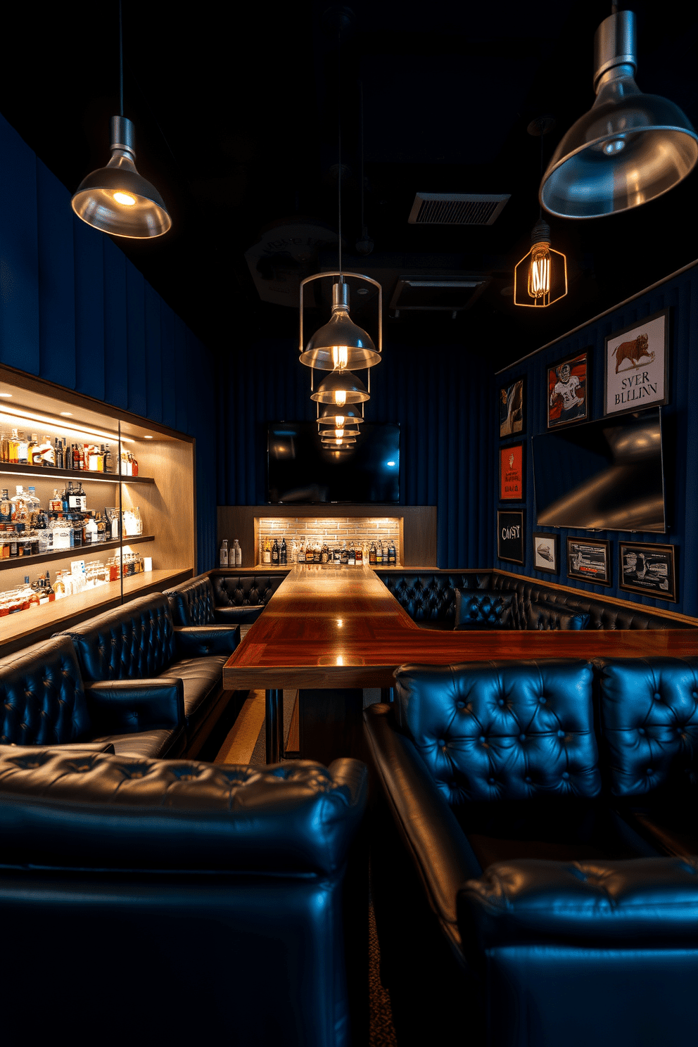 A soundproof man cave bar featuring plush, dark leather seating arranged around a sleek, polished wooden bar. The walls are lined with acoustic panels in deep shades of blue, and stylish pendant lights hang from the ceiling, casting a warm glow over the space. Behind the bar, a collection of premium spirits is displayed on illuminated shelves, complemented by a rustic brick backsplash. A large flat-screen TV is mounted on one wall, surrounded by framed sports memorabilia, creating an inviting atmosphere for entertainment and relaxation.