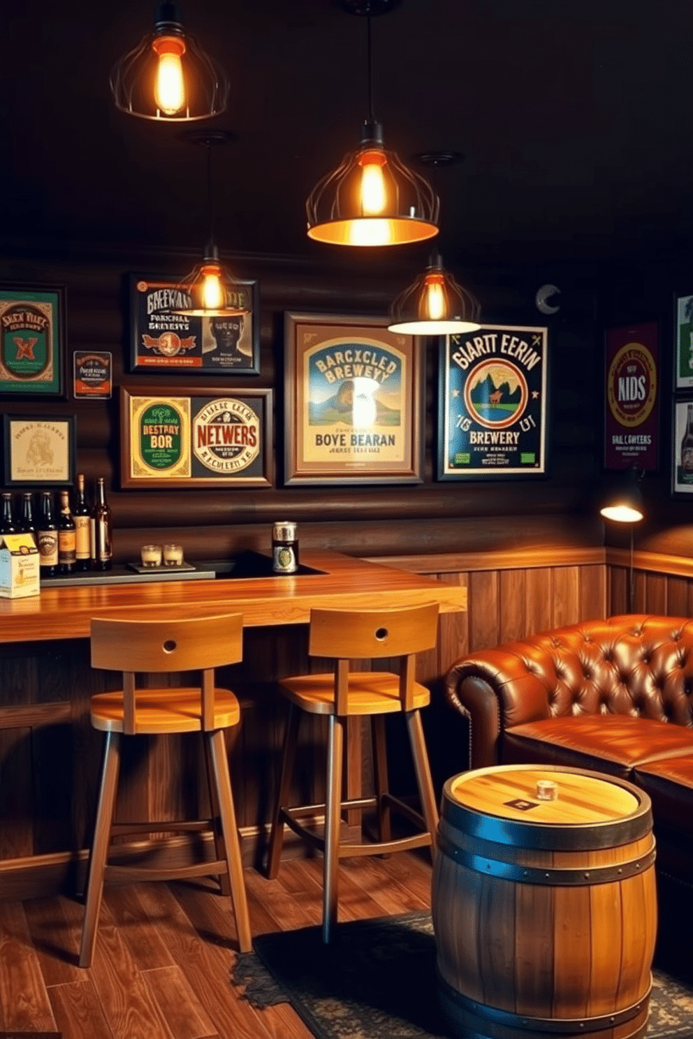 A vibrant man cave bar featuring a rustic wooden bar counter with high stools made of reclaimed wood. The walls are adorned with artwork showcasing local breweries, including framed beer labels and vintage brewery posters. In the corner, a cozy seating area includes a plush leather sofa and a coffee table made from an upcycled barrel. Ambient lighting from pendant lamps creates a warm atmosphere, inviting friends to gather and enjoy craft beers together.