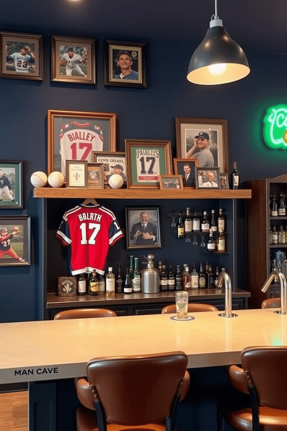 A vintage sports memorabilia display features a rustic wooden shelf lined with framed jerseys, autographed baseballs, and classic photographs of legendary athletes. The backdrop is painted in a deep navy blue, enhancing the vibrant colors of the memorabilia and creating a nostalgic atmosphere. For the Man Cave bar design, envision a sleek, modern bar with a polished concrete countertop and stylish bar stools in rich leather. Ambient lighting highlights the collection of craft beers and spirits displayed on open shelves, while a vintage neon sign adds a playful touch to the space.