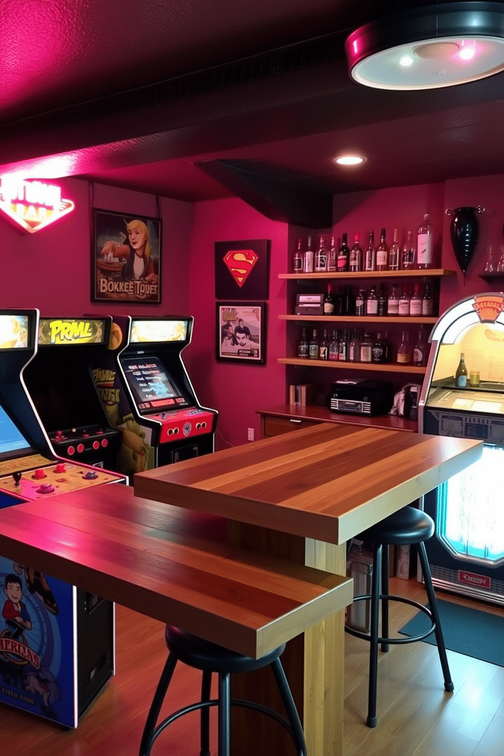 A cozy man cave featuring vintage arcade games lined against one wall, showcasing classic titles with vibrant colors and retro designs. The space is illuminated by neon lights, creating a nostalgic atmosphere that invites relaxation and fun. Incorporate a stylish bar area with a reclaimed wood countertop and high-top stools, perfect for entertaining friends. The shelves behind the bar are stocked with an assortment of spirits and glassware, complemented by a vintage jukebox playing classic tunes.