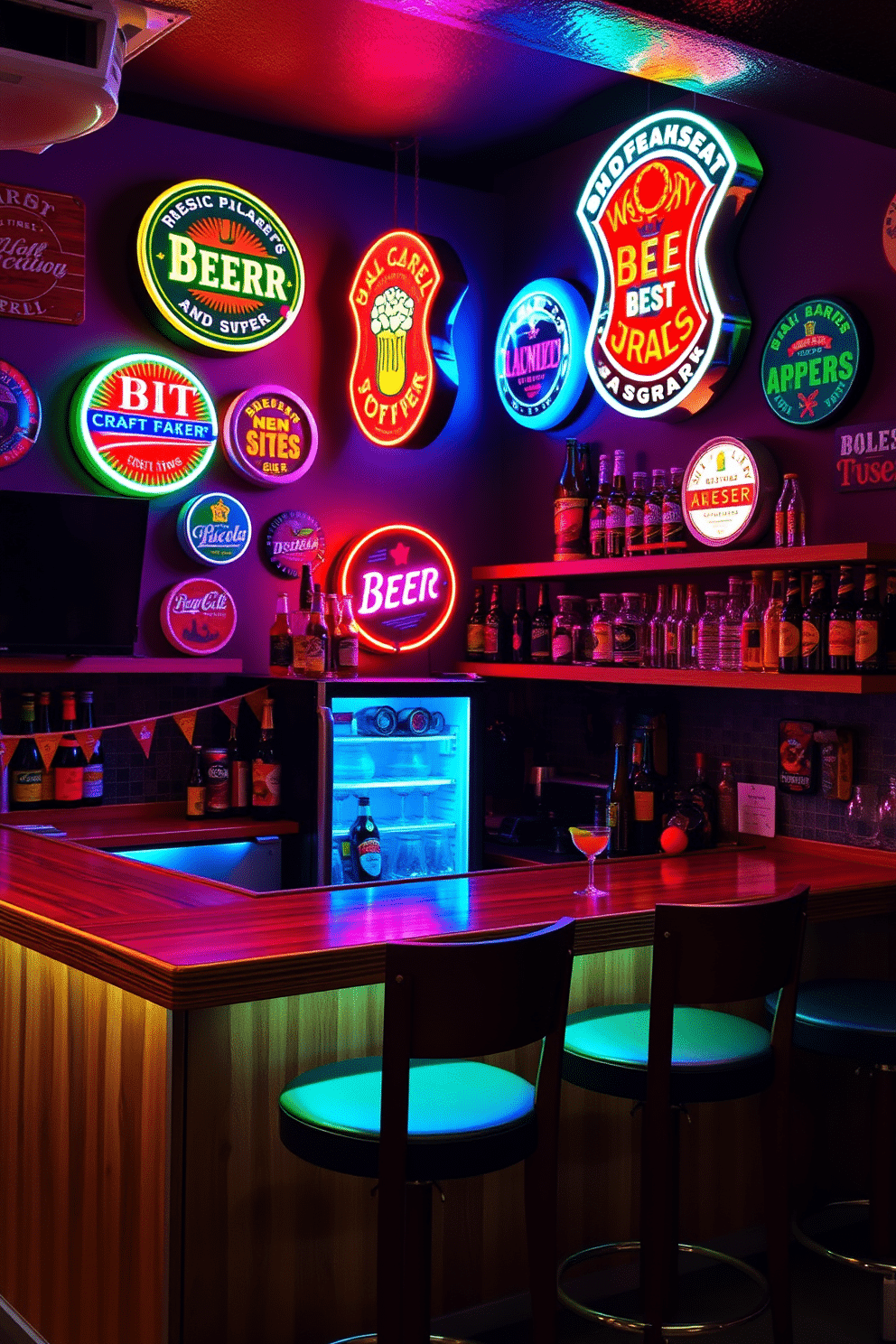 A vibrant man cave bar featuring neon beer signs that illuminate the space with a colorful glow. The walls are adorned with vintage beer memorabilia, and a sleek wooden bar counter is equipped with high-top stools for casual seating. The bar area includes a mini-fridge stocked with various craft beers, while shelves display an array of glassware and unique bottle openers. Ambient lighting complements the neon signs, creating a relaxed atmosphere perfect for entertaining friends.