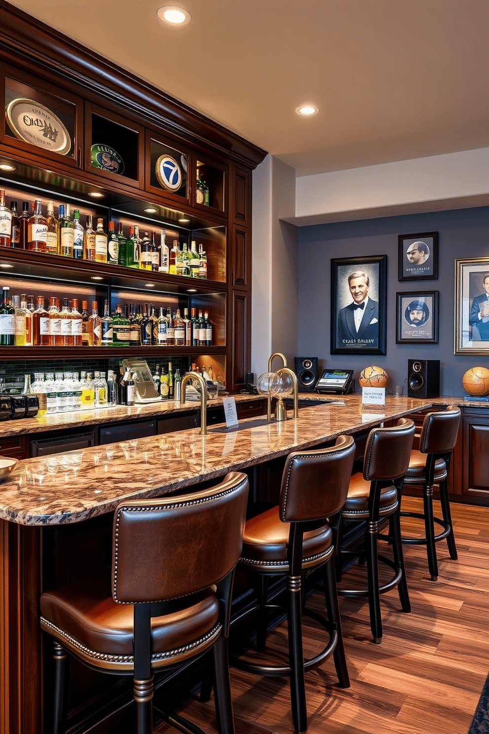 A custom-built bar features rich mahogany cabinetry with a polished granite countertop, showcasing an array of premium spirits displayed on illuminated shelves. Plush leather stools with brass accents line the bar, creating an inviting atmosphere for entertaining guests in a stylish man cave. The walls are adorned with vintage sports memorabilia and framed artwork, enhancing the personalized character of the space. Soft ambient lighting casts a warm glow, while a sleek sound system ensures the perfect backdrop for relaxation and socializing.