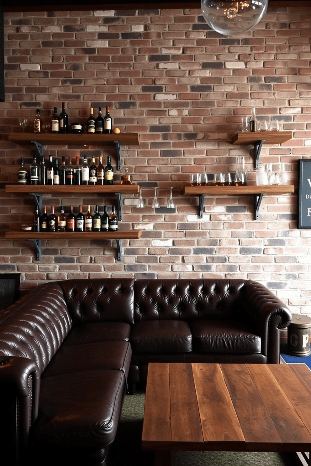 A stylish man cave featuring an exposed brick wall as a focal point, complemented by rustic wooden shelves displaying an array of spirits and glassware. The space includes a comfortable leather sofa, a reclaimed wood coffee table, and ambient lighting that creates a warm, inviting atmosphere.