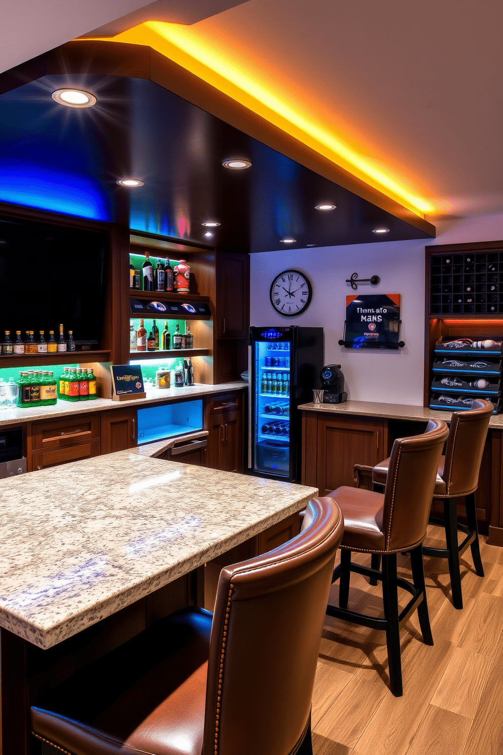 A sleek man cave bar features a custom-built wooden bar with a polished granite top, complemented by high-backed leather stools. Smart home technology is seamlessly integrated, allowing for automated lighting and sound systems that enhance the atmosphere for entertaining guests. The walls are adorned with sports memorabilia and ambient LED lighting, creating a vibrant yet cozy environment. A mini-fridge stocked with beverages and a stylish wine rack complete the space, making it the ultimate retreat for relaxation and socializing.