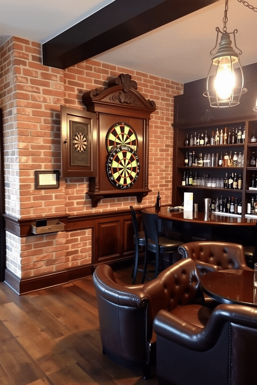 A classic pub-style dartboard setup featuring a dark wood dartboard cabinet with intricate carvings, mounted on a brick accent wall. The floor is covered in a rustic hardwood, and the lighting is provided by vintage-style pendant lamps hanging above a polished mahogany bar. The bar is equipped with high-backed leather stools and shelves stocked with an array of spirits and glassware. A cozy seating area with plush armchairs and a small round table complements the ambiance, creating an inviting space for entertainment and relaxation.