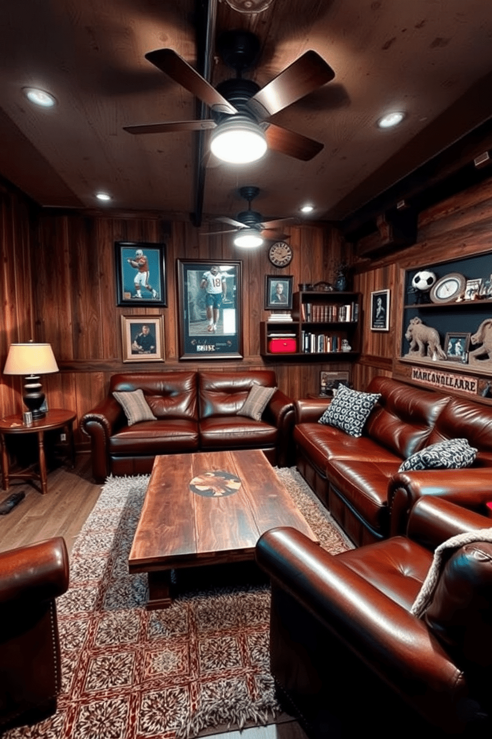 A cozy man cave featuring rustic wood paneling that creates a warm and inviting atmosphere. The space is furnished with rich leather furniture, including a large sectional sofa and a vintage leather armchair, perfect for relaxation and entertainment. A reclaimed wood coffee table sits at the center, surrounded by a plush area rug that adds texture. Ambient lighting from industrial-style fixtures casts a soft glow, highlighting the unique decor elements like framed sports memorabilia and rustic shelves filled with books and collectibles.