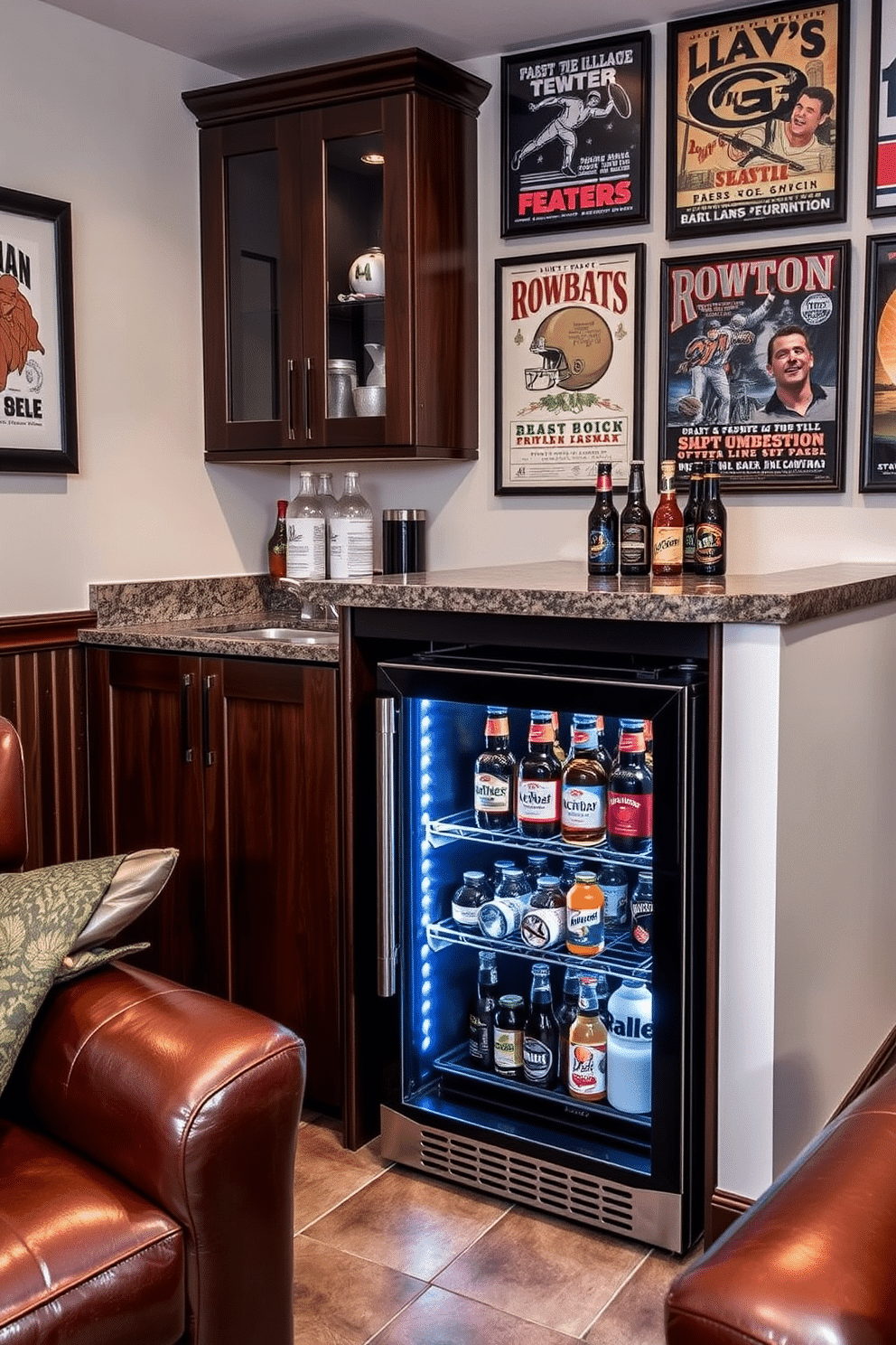 A stylish mini fridge is seamlessly integrated into a modern man cave, showcasing an array of favorite drinks, from craft beers to gourmet sodas. The fridge is surrounded by a sleek bar area featuring dark wood cabinetry and a polished granite countertop, creating an inviting atmosphere for relaxation and entertainment. The walls of the man cave are adorned with framed sports memorabilia and vintage posters, contributing to a personalized touch. Plush seating in rich leather tones complements the space, offering comfort while friends gather for game nights or movie marathons.