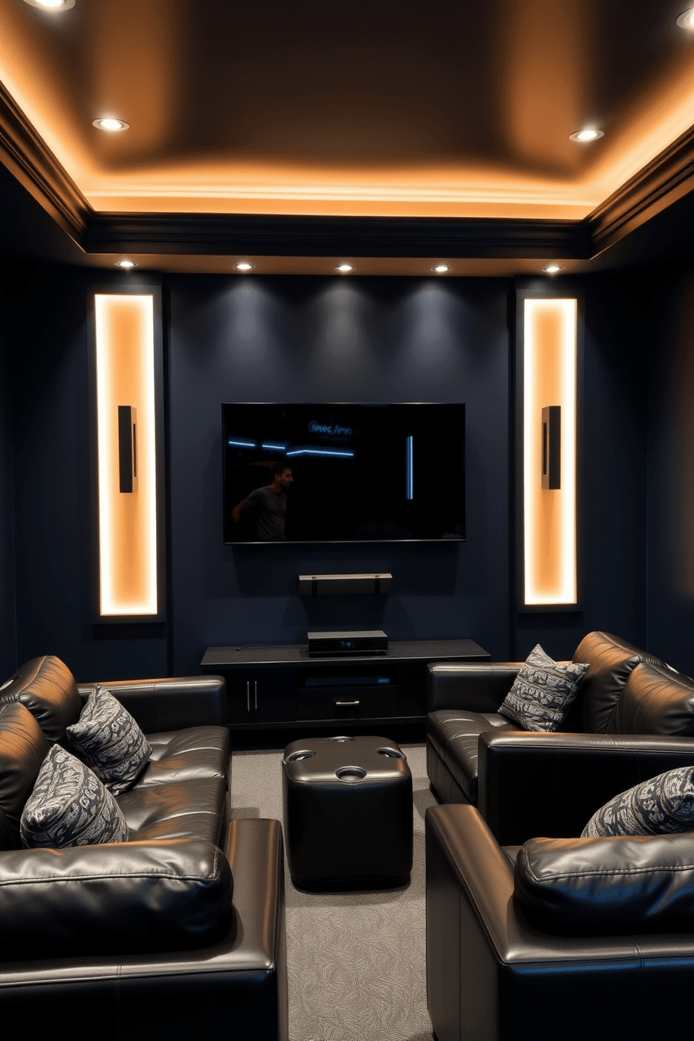 A stylish man cave featuring a wall-mounted TV for optimal viewing, surrounded by plush leather seating arranged for comfort and conversation. The walls are painted in a deep navy blue, complemented by dimmable recessed lighting and a sleek sound system for an immersive experience.