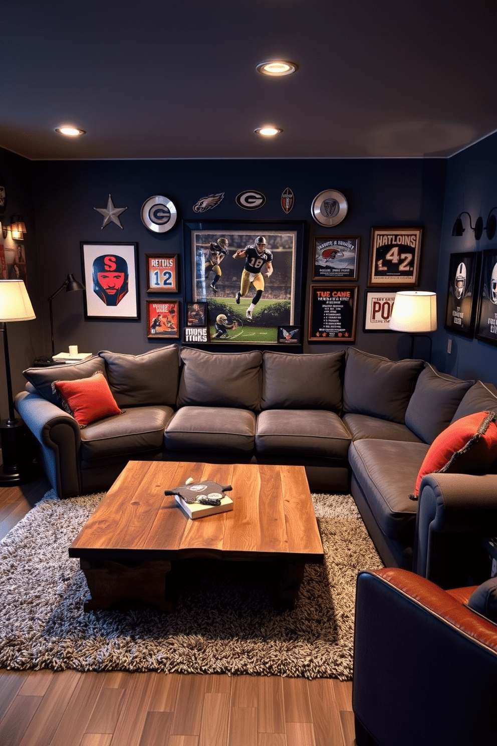 A comfortable sectional sofa is the centerpiece of a cozy man cave, upholstered in soft, dark gray fabric for a modern touch. Surrounding the sofa, a rustic wooden coffee table and plush area rug create an inviting atmosphere, perfect for relaxation and entertainment. The walls are adorned with sports memorabilia and framed posters, enhancing the theme of the space. Ambient lighting from stylish floor lamps and wall sconces provides a warm glow, making it an ideal spot for game nights or movie marathons.