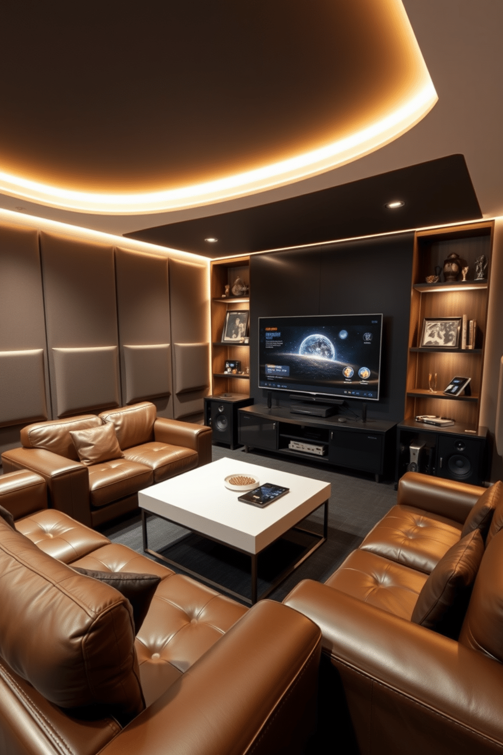 A stylish man cave designed for relaxation and entertainment. The space features plush leather seating arranged around a modern coffee table, with acoustic panels on the walls to enhance soundproofing and create a cozy atmosphere. The lighting is dimmed, with LED strips highlighting the edges of the ceiling and shelves filled with collectibles. A large flat-screen TV is mounted on the wall, complemented by a sleek sound system for an immersive viewing experience.