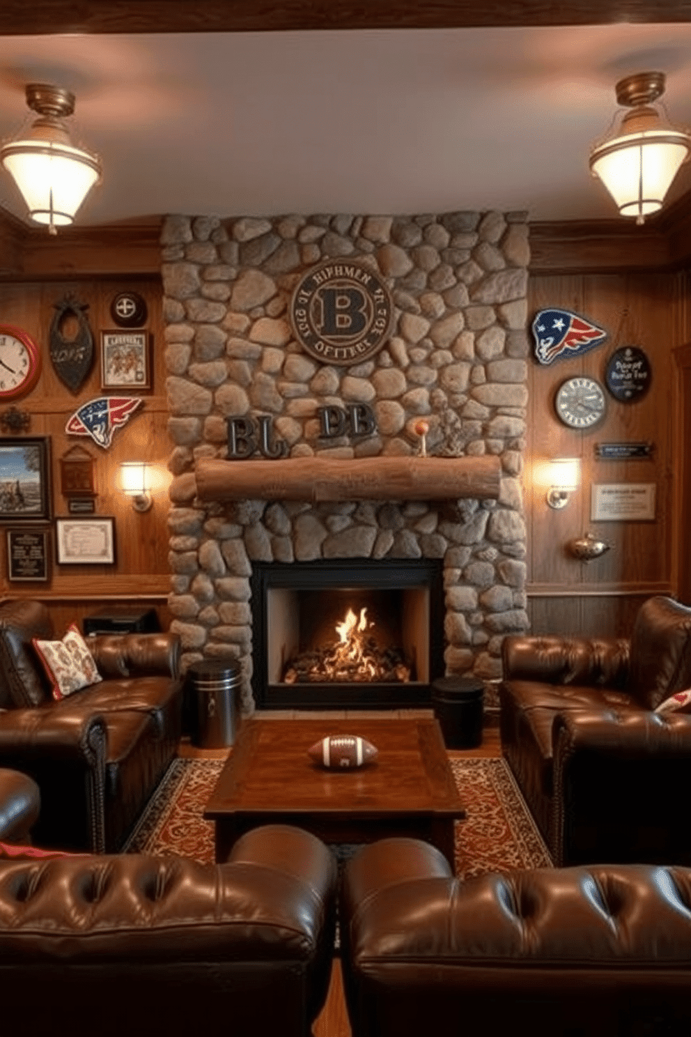 A cozy man cave featuring a rustic stone fireplace as the focal point, surrounded by plush leather seating and reclaimed wood accents. The walls are adorned with vintage sports memorabilia, and warm ambient lighting creates an inviting atmosphere for relaxation and entertainment.