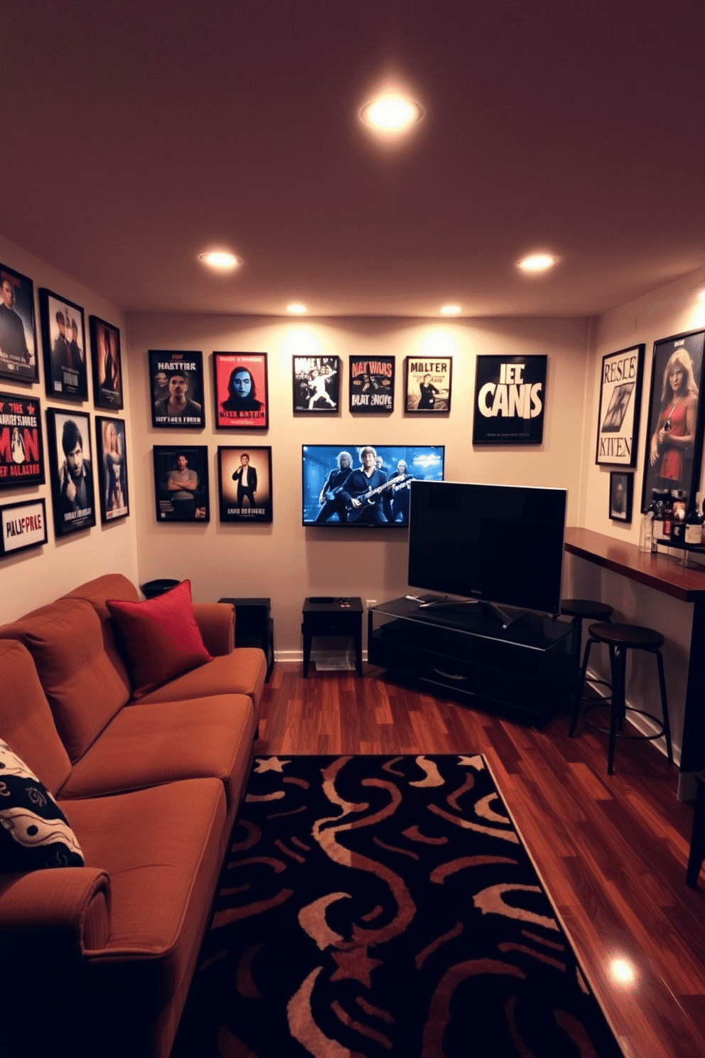 A dynamic man cave featuring walls adorned with framed artwork of favorite movies and bands. The space includes a plush sectional sofa, a large flat-screen TV mounted above a sleek media console, and ambient lighting that creates a cozy atmosphere. In one corner, a custom-built bar area showcases memorabilia and a selection of spirits. The flooring is a rich hardwood, complemented by a bold area rug that adds warmth and style to the overall design.