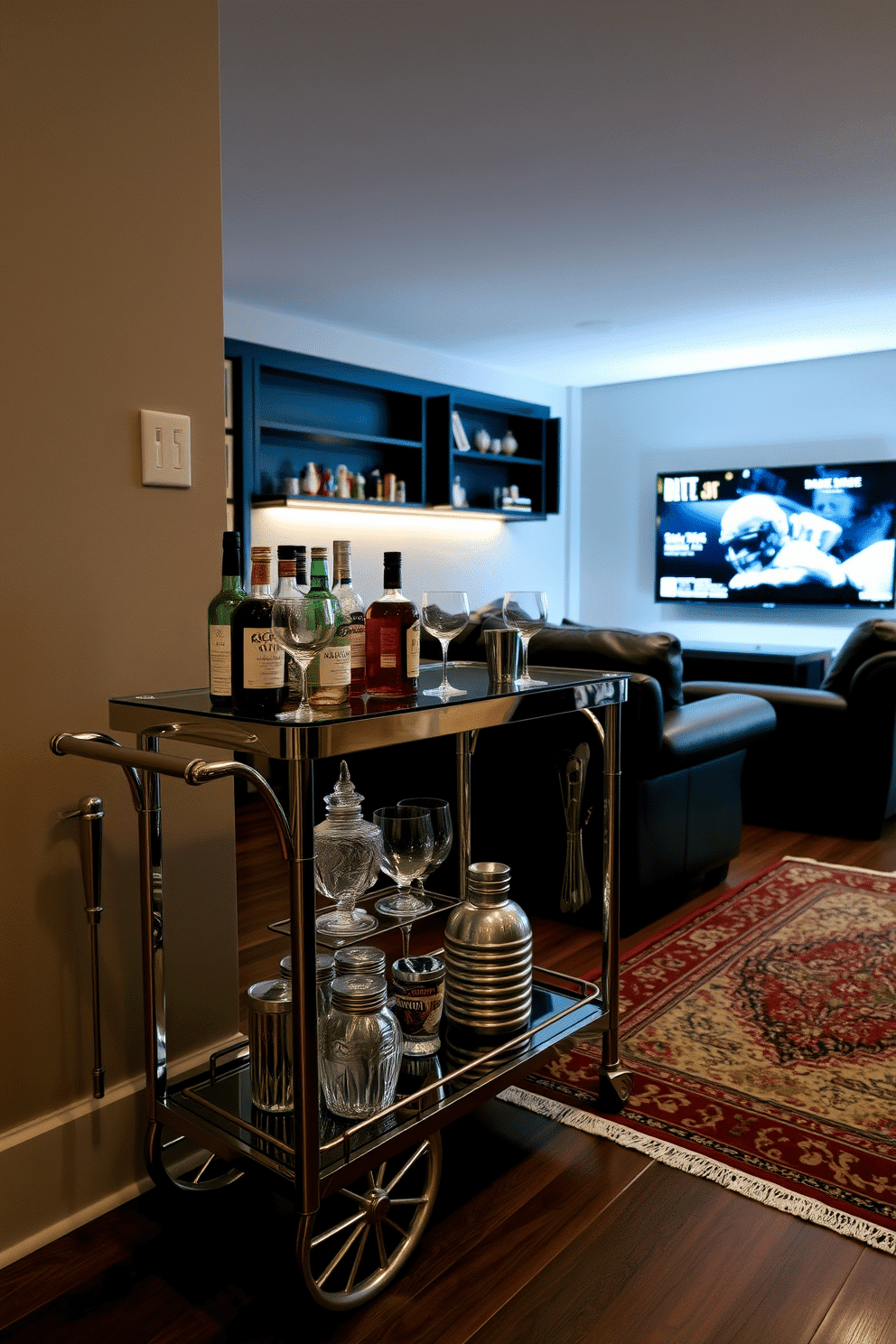 A sleek bar cart is positioned against a wall, crafted from polished metal with a glass top, showcasing an array of premium spirits and elegant glassware. The cart features two wheels for easy mobility and is complemented by a stylish set of bar tools displayed on the side. The man cave is designed with a cozy leather sectional sofa facing a large flat-screen TV, creating the perfect viewing area for sports and movies. Dark wood accents and ambient lighting enhance the relaxed atmosphere, while a vintage rug adds warmth to the space.