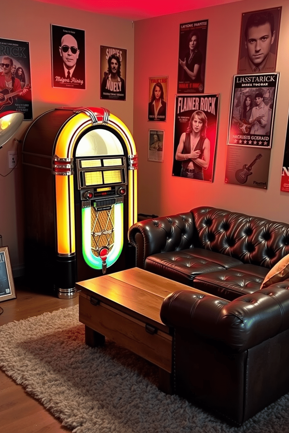 A retro jukebox stands proudly in the corner, its vibrant colors and chrome accents reflecting the warm glow of neon lights. Surrounding it is a cozy seating area with a vintage leather sofa and a reclaimed wood coffee table, creating an inviting atmosphere for friends to gather and enjoy music. The walls are adorned with classic rock posters and memorabilia, adding character and a sense of nostalgia to the space. A plush area rug anchors the room, while strategically placed accent lighting highlights the jukebox and enhances the man cave's relaxed vibe.