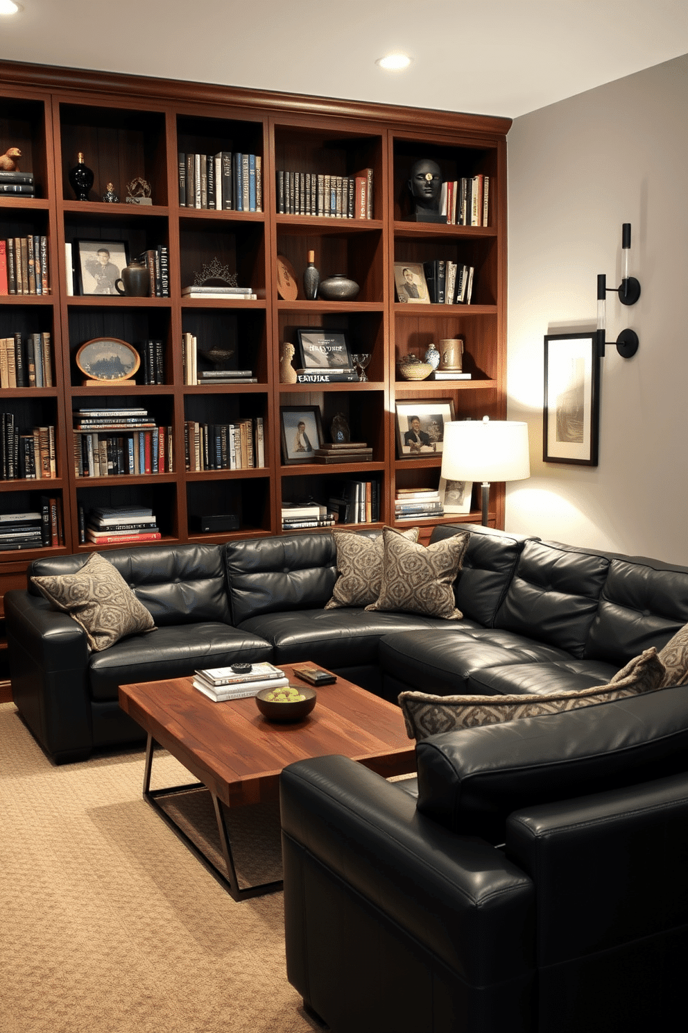 A custom-built shelving unit spans one wall of the man cave, crafted from rich walnut wood with a dark stain that enhances its luxurious appeal. The shelves are filled with an array of books, collectibles, and stylish decor, providing both functionality and aesthetic charm. The man cave features a plush leather sectional sofa in a deep charcoal hue, arranged around a contemporary coffee table made of reclaimed wood. Ambient lighting from stylish floor lamps and wall sconces creates a warm and inviting atmosphere, perfect for relaxation and entertainment.