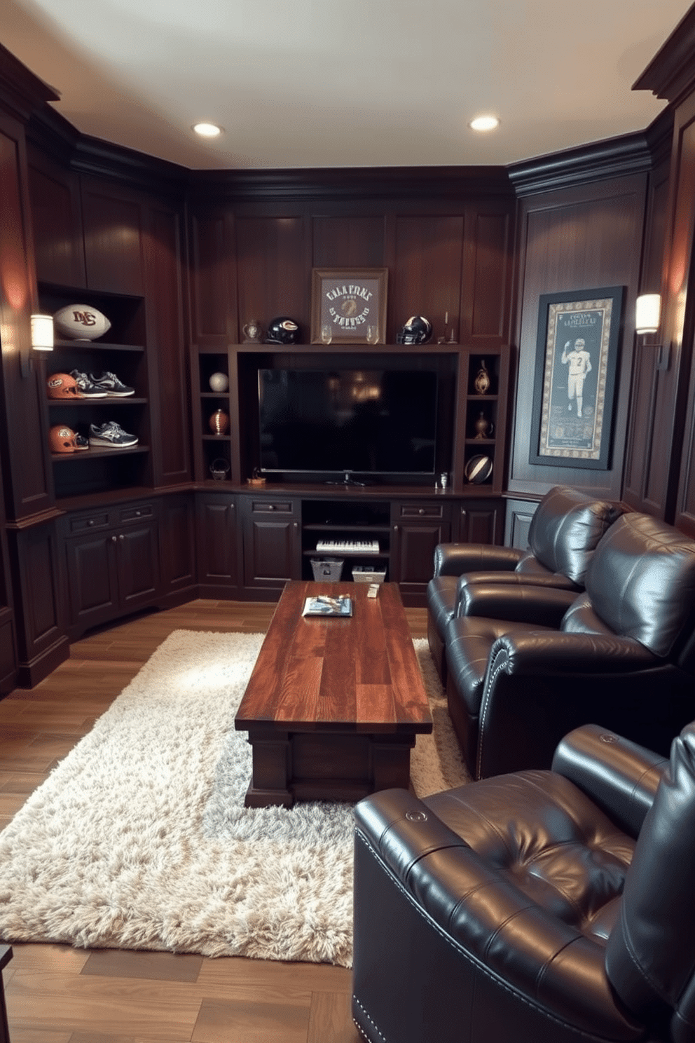 A cozy man cave featuring two luxurious leather recliners positioned for ultimate relaxation. The walls are adorned with dark wood paneling, and a plush area rug lies beneath a rustic coffee table, creating an inviting atmosphere. In the corner, a large flat-screen TV is mounted, framed by built-in shelves filled with sports memorabilia. Soft, ambient lighting from stylish sconces enhances the room's warmth, making it the perfect retreat for entertaining friends or unwinding after a long day.