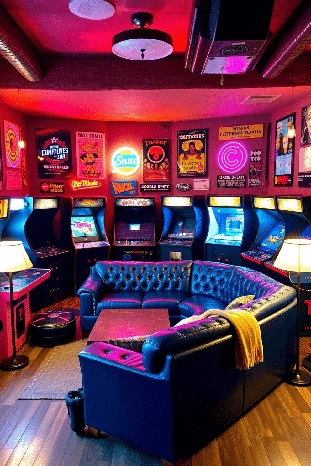 A cozy man cave featuring vintage arcade games arranged in a semi-circle for easy access and play. The walls are adorned with retro posters and neon signs, creating a vibrant atmosphere. A plush sectional sofa in deep blue leather sits at the center, complemented by a rustic wooden coffee table. Ambient lighting from floor lamps and wall sconces enhances the inviting vibe of the space.