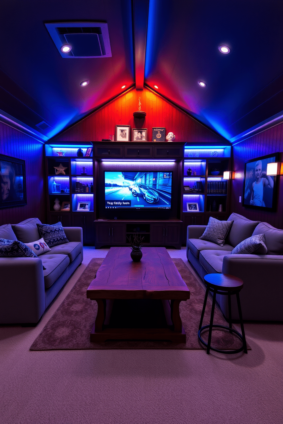 A cozy man cave featuring mood lighting with smart bulbs that can change colors to suit different occasions. The space includes a plush sectional sofa facing a large flat-screen TV, with ambient LED strips illuminating the shelves filled with collectibles and memorabilia. The walls are adorned with dark wood paneling, creating a warm and inviting atmosphere. A rustic coffee table sits at the center, surrounded by a few stylish bar stools, perfect for entertaining friends.