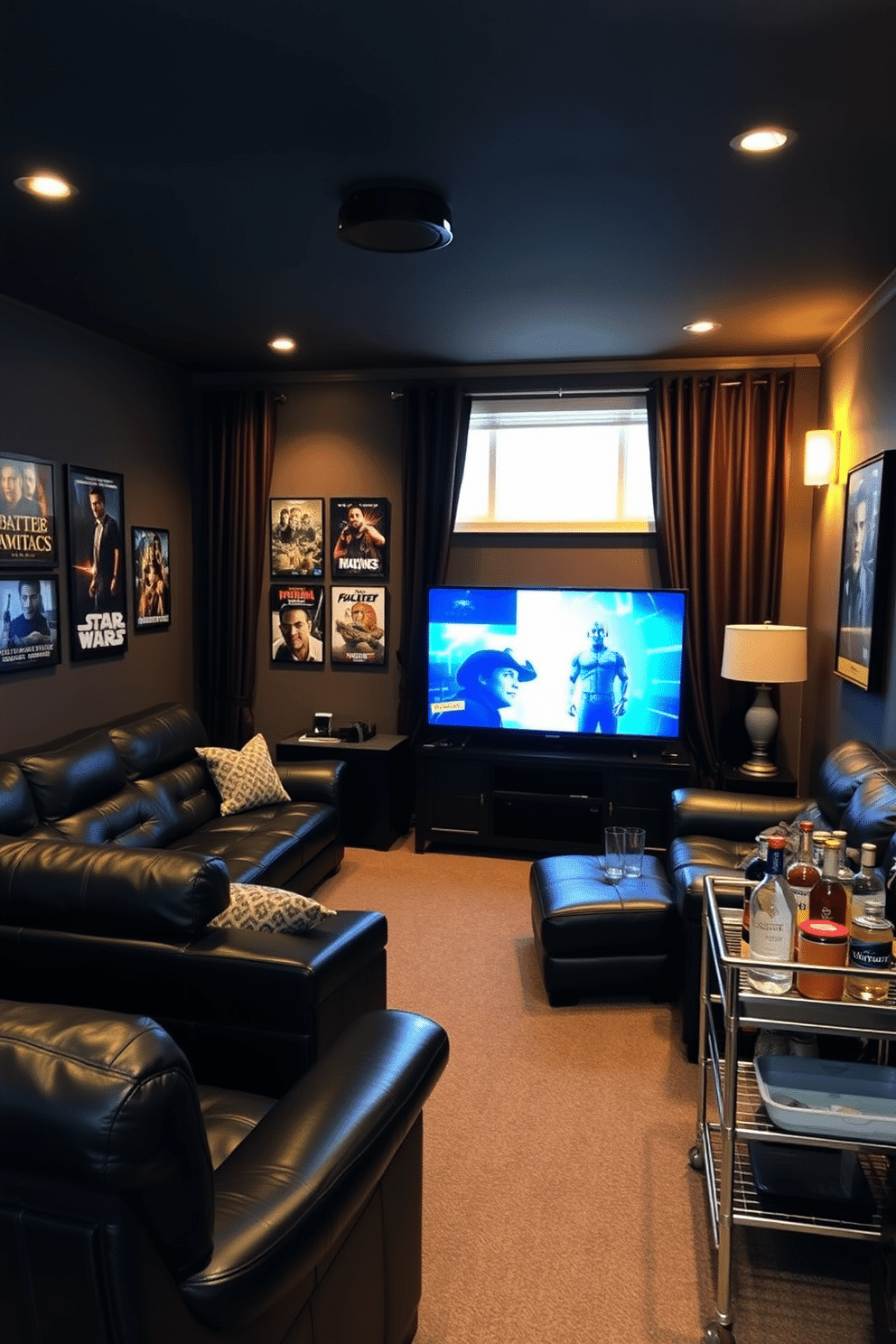 A cozy man cave designed for ultimate relaxation features plush black leather seating arranged around a large flat-screen TV. The walls are adorned with movie posters, and ambient lighting creates a warm atmosphere perfect for movie nights. Blackout curtains frame the windows, offering complete darkness for an immersive viewing experience. A stylish bar cart stocked with snacks and drinks adds to the entertainment value of the space.