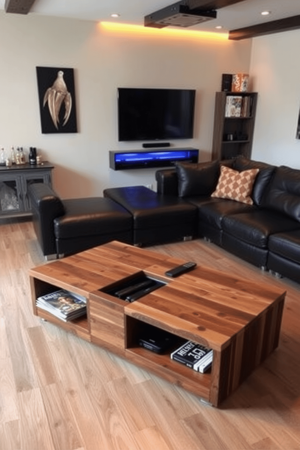 A unique coffee table featuring a sleek design with integrated storage compartments. The table is crafted from reclaimed wood, showcasing a rustic charm while providing ample space for magazines and remote controls. The man cave is designed with a cozy, inviting atmosphere, featuring a large sectional sofa upholstered in dark leather. A wall-mounted entertainment system is complemented by ambient lighting and a mini bar area stocked with favorite beverages.