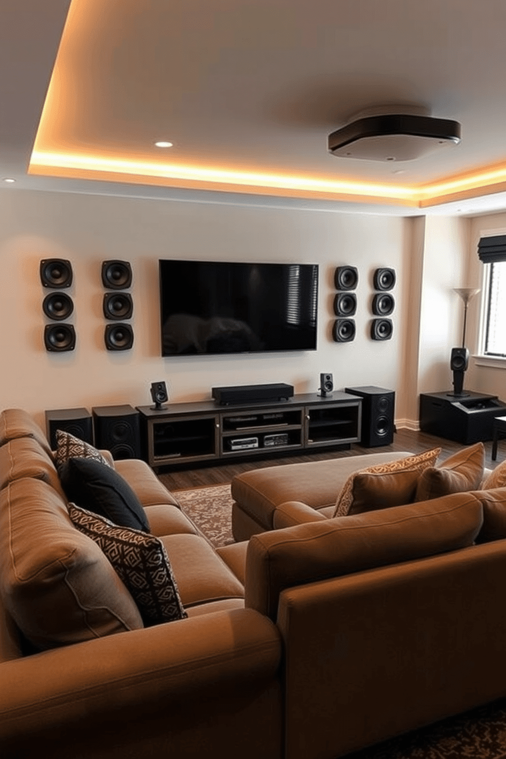 A stylish man cave featuring wall-mounted speakers strategically placed for immersive sound. The space includes a plush sectional sofa facing a large flat-screen TV, with ambient lighting creating a cozy atmosphere.