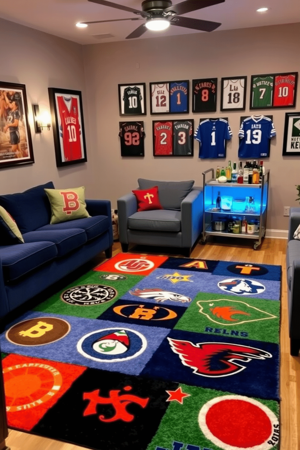 A sports-themed rug featuring vibrant colors and the logos of popular teams sprawls across the floor, adding a dynamic touch to the space. Surrounding the rug, plush seating in deep shades of blue and gray invites relaxation, while framed jerseys and memorabilia adorn the walls, creating a true sports haven. In one corner, a sleek bar cart stocked with a variety of drinks complements the overall ambiance, encouraging gatherings with friends. Soft, ambient lighting from stylish fixtures enhances the cozy atmosphere, making it the perfect spot to unwind and enjoy the game.