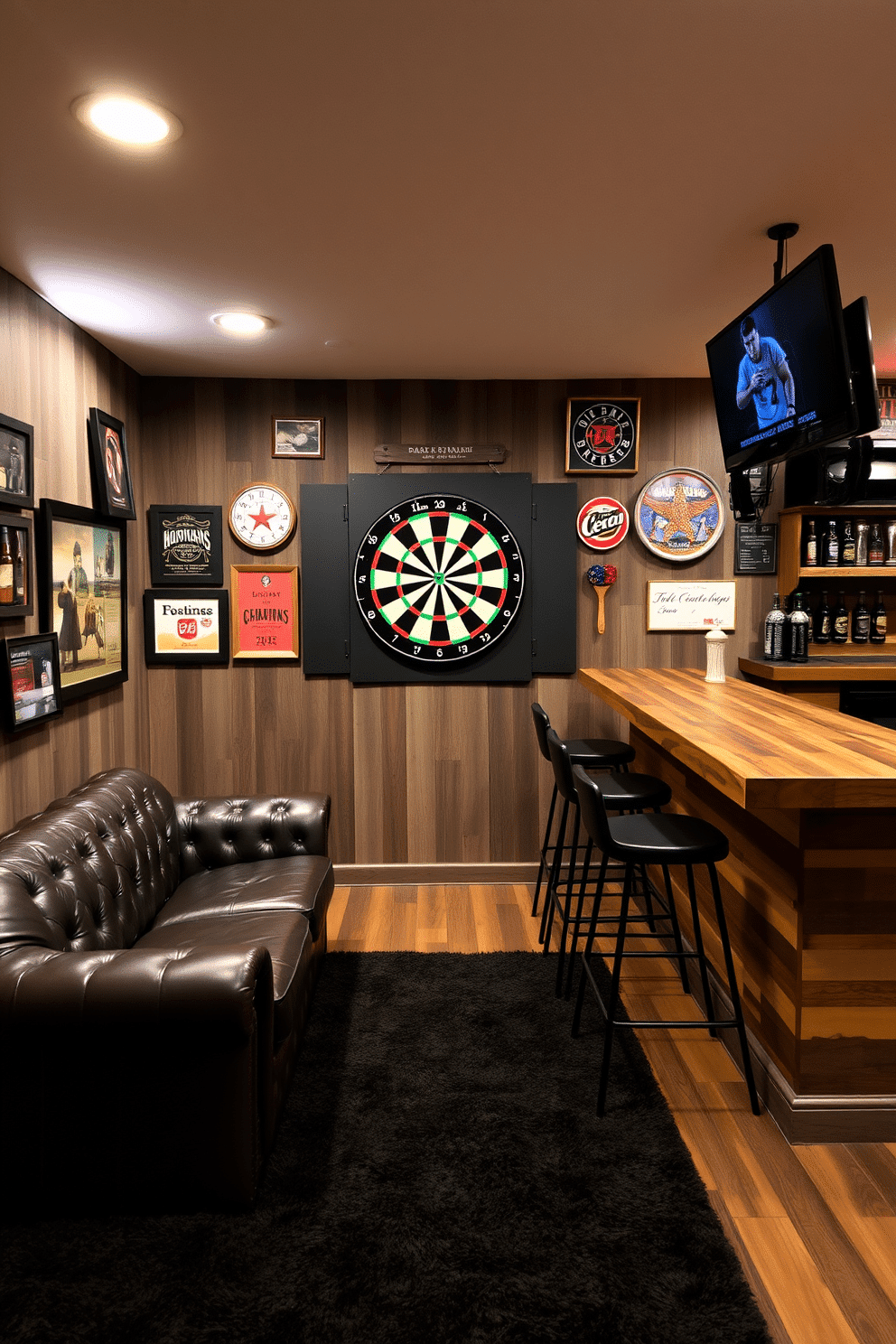 A personalized dartboard is mounted on a rustic wooden wall, surrounded by framed sports memorabilia and vintage beer signs. The floor is covered with a plush, dark rug, and a cozy leather couch faces the dartboard for comfortable seating during friendly competitions. The man cave features a stylish bar area with high stools and a countertop made of reclaimed wood. Ambient lighting creates a warm atmosphere, while a large flat-screen TV is mounted above the bar, perfect for watching games with friends.